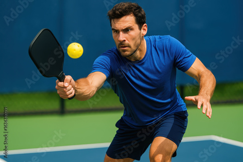Man playing pickleball with paddle and ball on outdoor court focused on fast paced sport action