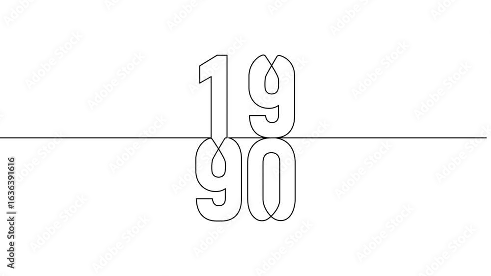 1990 year continuous line art clip self drawing animation on white ...