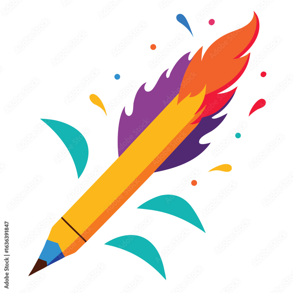 Obraz premium Vector art of creative pencil with colorful flame and splashes isolated on white background