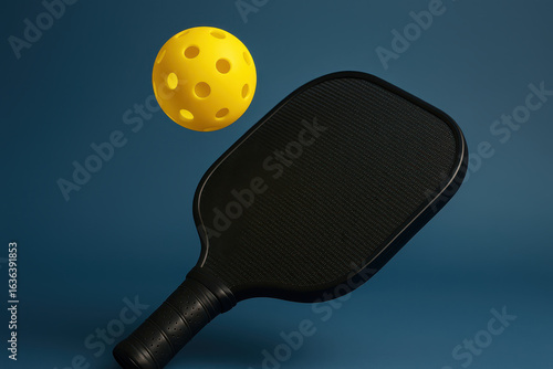 Pickleball paddle and yellow ball on blue background showing sports equipment for active play and fun pickleball game indoors or outdoors