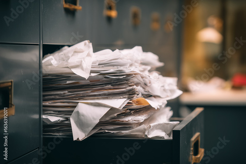 Selective focus stack of document files on working desk, Plenty of paper work on messy desk and document cabinet.