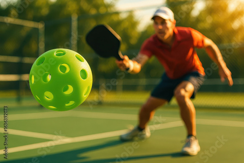 Focused man plays pickleball outdoors on sunny court using paddle to hit bright green perforated ball with energy and concentration