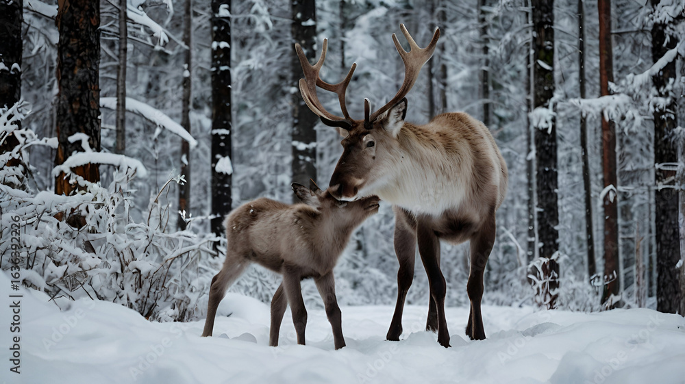 Obraz premium Reindeer mother guiding her calf through a snowy forest