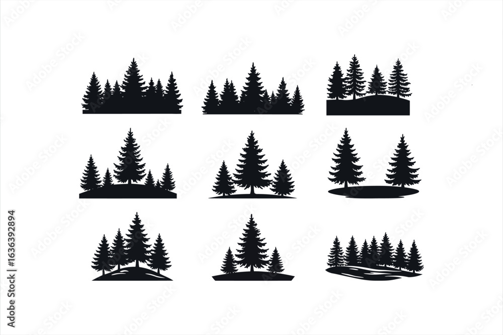 Obraz premium Nine black silhouette pine tree clusters on white background pine trees forest