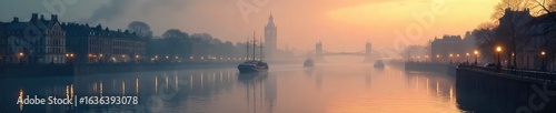 A misty morning on the River Thames, Victorian-era architecture reflected in the water, barges and sailing vessels in the distance, gas lamps dimly lit , sunrise, twilight