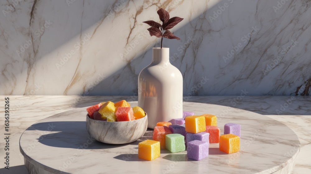 Fototapeta premium Colorful cube candies near vase and bowl on marble surface