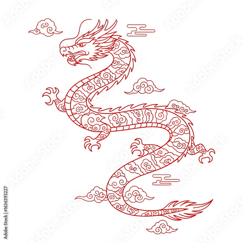 Intricate Red Dragon with Cloud Motifs, Symbolic of Power and Luck