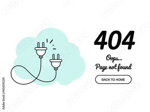 404 error page not found with disconnected plugs isolated on white background