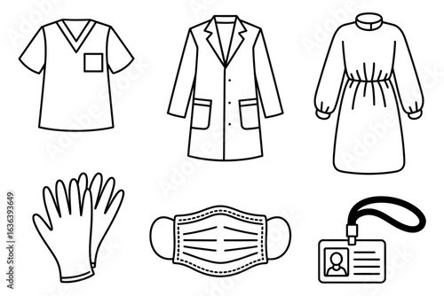 Medical uniforms and protective gear collection isolated on white background