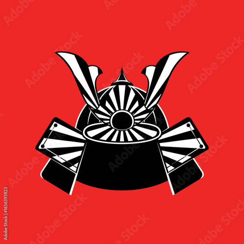 Striking Black and White Samurai Helmet with Detailed Design and Red Background