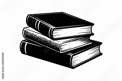 A vintage black and white illustration of a stack of three classic hardcover books representing knowledge and education.
