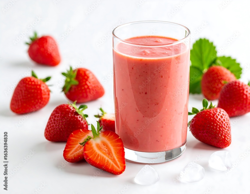 Pink strawberry smoothie in glass, fresh berries Pink strawberry smoothie in glass, fresh berries