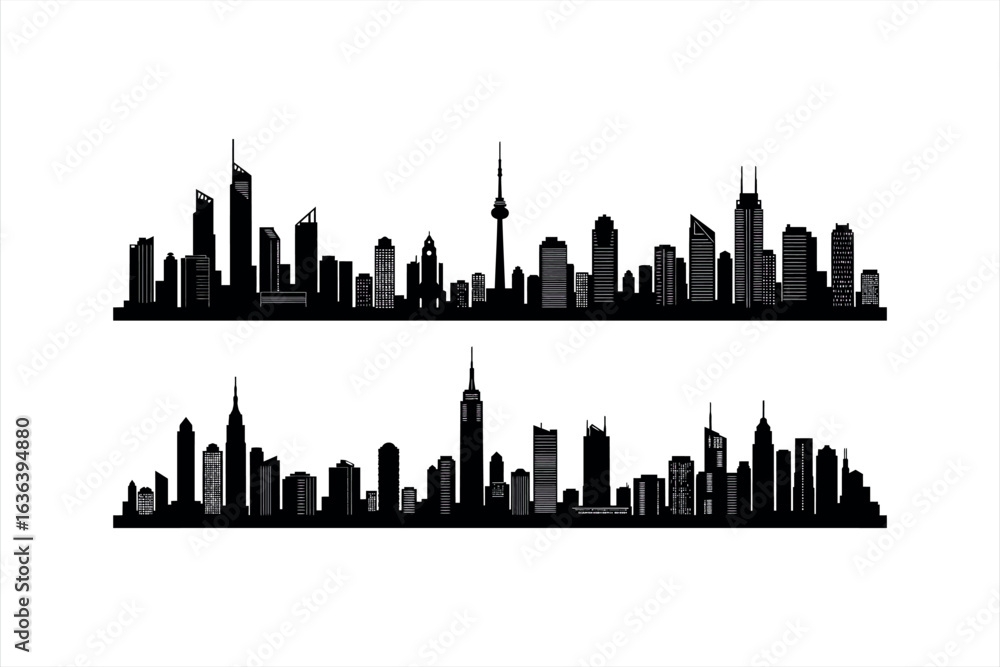 Fototapeta premium Two black silhouette city skylines with detailed building windows on white background cityscape urban