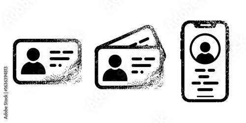 Sketch illustration icon set for identity verification, featuring a driver's license, badge, and a user profile on a phone.