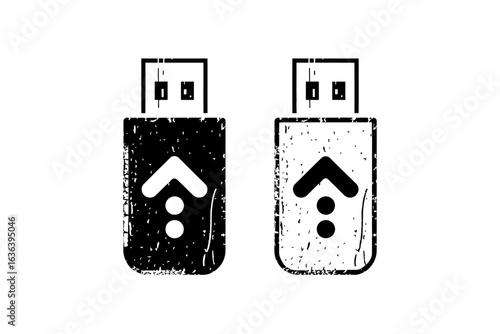 Grunge style flash drive icon set for data upload and storage. Distressed vector illustration of a memory stick with an upload symbol.