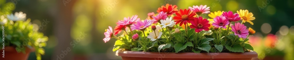 Obraz premium A vibrant array of colorful flowers blooming in a terracotta flowerpot, bathed in sunlight Perfect for spring, summer, or garden themes , earth, white