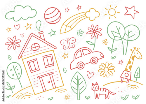 Playful children’s hand-drawn pencil crayon background with colorful houses, rainbow, sun, flowers, cats, trees, and clouds. Seamless vector pattern ideal for baby rooms, preschool, or school.

