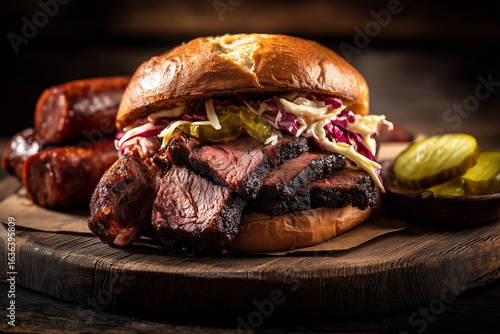 Smoked brisket with burger bun on tray, Set of texas barbecue style with smoked food, Pulled pork and braise beef in bun with cucumber pickled, Barbecue beef with coleslaw.
