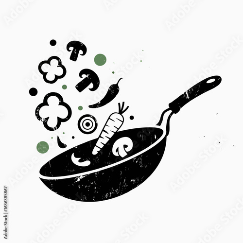 A dynamic and rustic illustration of fresh vegetables like carrots and mushrooms being tossed in a frying pan, symbolizing healthy cooking.