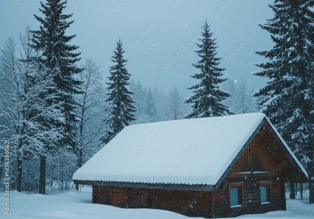 Naklejka premium Snow-covered cabin nestled amongst tall, snow-laden pine trees in a tranquil winter forest.