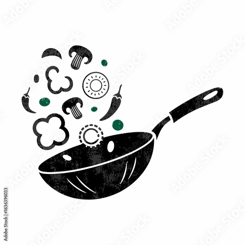 Dynamic black illustration of a wok tossing fresh vegetables, a concept for Asian cuisine and healthy stir-fry cooking.