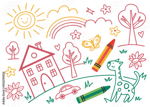 Colorful kids’ crayon seamless pattern of a cheerful summer neighborhood with houses, rainbow, sun, flowers, cats, trees, and clouds. Perfect vector background for baby rooms and school.

