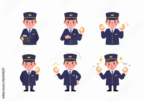 Cartoon conductor character with a pocket watch displaying various emotions related to time, punctuality, and waiting scenarios.