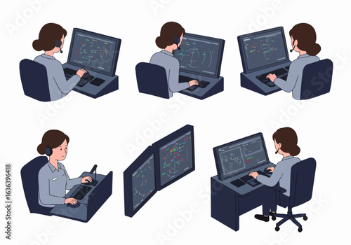 Air Traffic Controller Women Managing Flight Operations Illustration Set