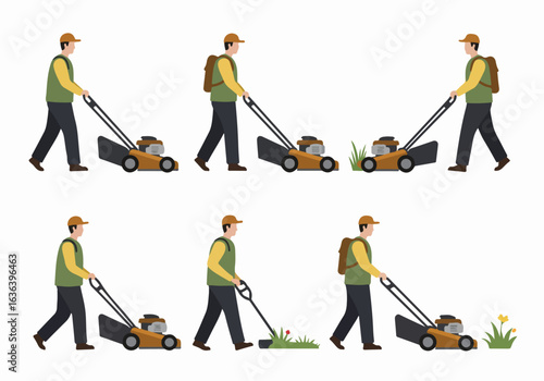 Illustration set of a man mowing a lawn with a push lawnmower, showing different stages of garden care and outdoor maintenance.