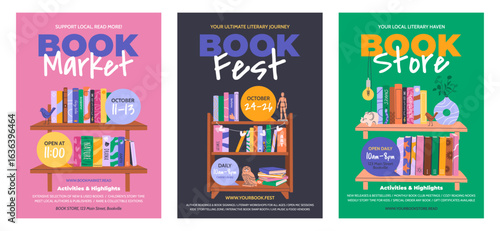 Tableau sur toile Set of vertical posters for Book Market, Festival, and Book Store