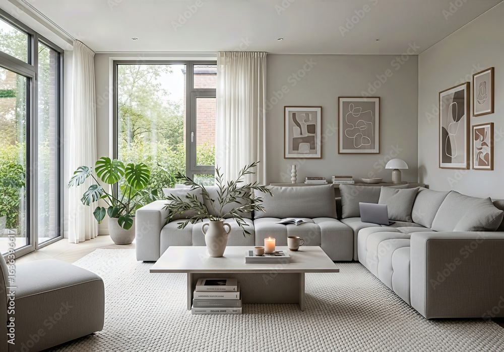 Fototapeta premium Minimalist living room with neutral sofa, modern coffee table, large windows and indoor plants