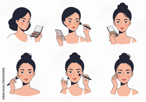 Illustration set of women applying makeup, showcasing beauty routines and cosmetic application techniques for a flawless look.