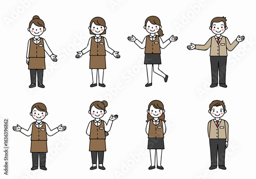 Friendly Service Staff Illustrations: Male and Female Characters in Welcoming Poses