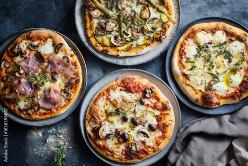 Top view various type of Italy pizza in restaurant, Various type of pizza with ham, mushroom, olive and cheese.