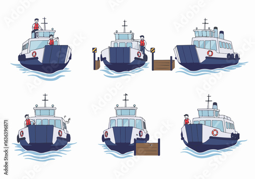 Illustrated Ferry Boat Scenes: Crew, Passenger Transport, and Docking Operations in Various Views