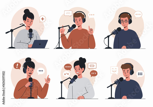Diverse People Podcasting and Broadcasting: Engaging Online Communication with Microphones, Headphones, and Speech Bubbles Illustration