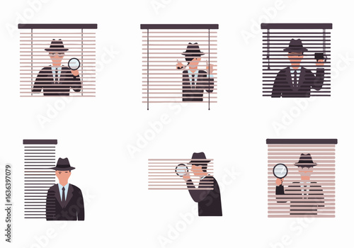 Classic Detective and Private Investigator Scenes Collection, Peering Through Blinds with Magnifying Glass and Spy Tools