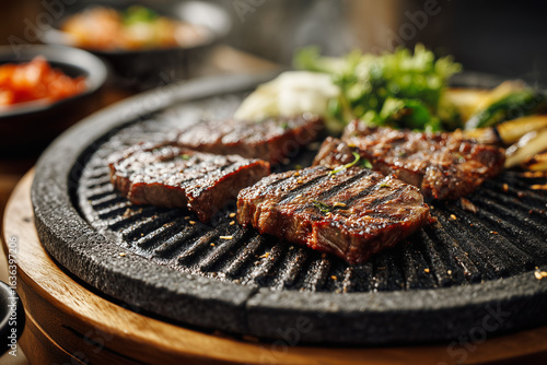 Close up shot grilled meat on charcoal fire in restaurant, Barbecue steak grilled on fire, Korean style grilled beef on charcoal with kimchi.