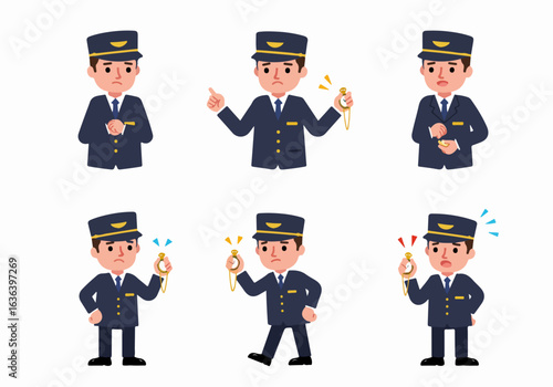 Uniformed professional cartoon character with a pocket watch displaying various emotions related to time management and punctuality.