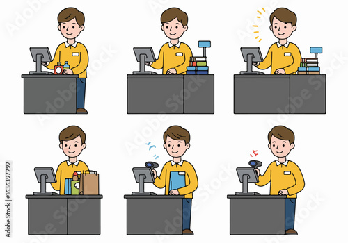 Male Cashier at Checkout Counter: A Set of Illustrations Depicting Tasks and Emotions in Retail