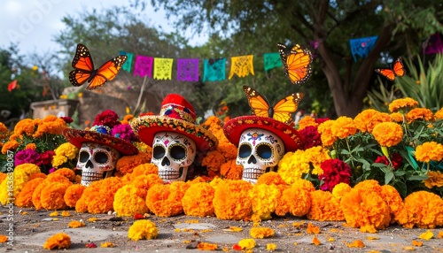 Day of the Dead Skulls with Marigolds and Monarch Butterflies