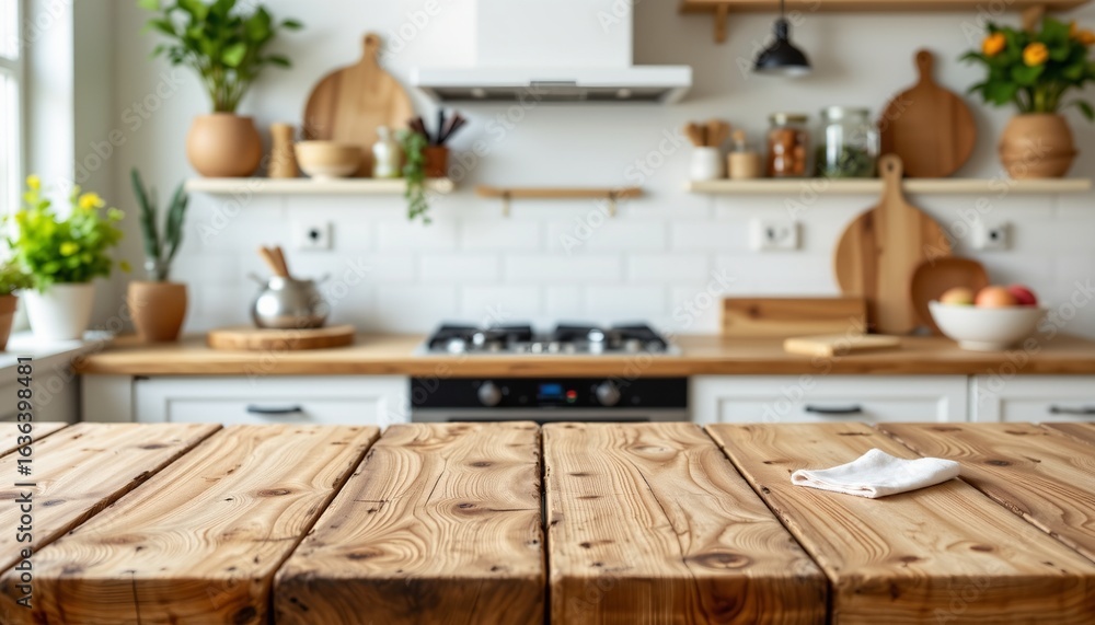 Wood Tabletop Display Blurred Kitchen Setting Wood Tabletop Display Blurred Kitchen Setting