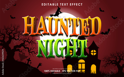 Editable haunted night halloween text effect with red Halloween theme background, gravestones, full moon