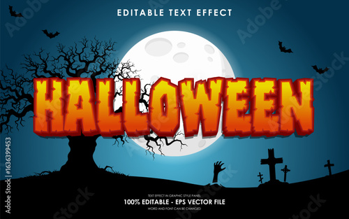 Editable halloween text effect with blue halloween theme background, gravestones, full moon