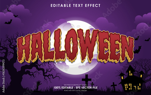 Editable halloween text effect with purple halloween theme background, gravestones, full moon
