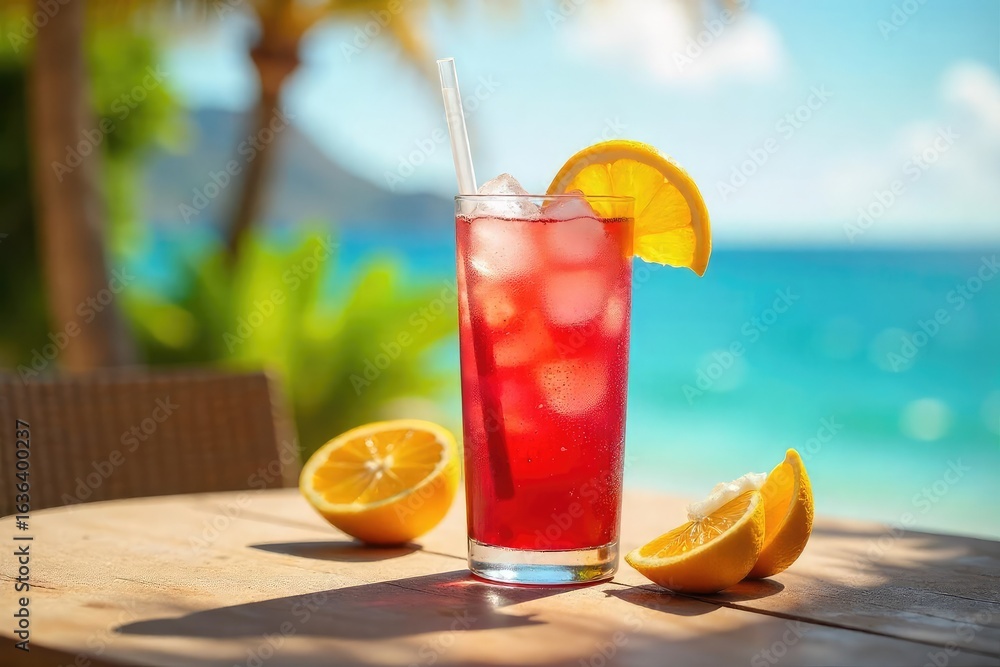 Fototapeta premium Refreshing icy beverage on a sun-drenched patio table, perfect for a hot summer day Enjoy the cool respite from the summer heat with this chilled drink , refreshing, drink