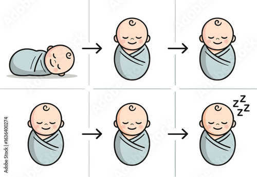 The Swaddling Process: A Step-by-Step Guide on How to Calm and Comfort a Newborn Baby for Peaceful Sleep, Vector Illustration
