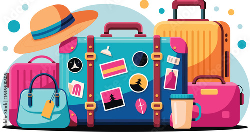 Travel and Vacation Concept with a Pile of Colorful Luggage, a Hat, and a Bag, Symbolizing Holiday Trip, Adventure, and Packing for a Journey