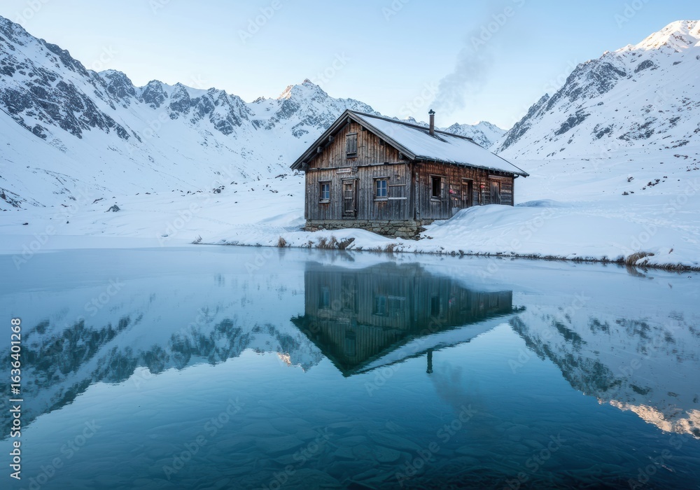 Fototapeta premium A tranquil mountain hut reflects serenely in a pristine winter lake, nestled amidst snow-capped peaks.