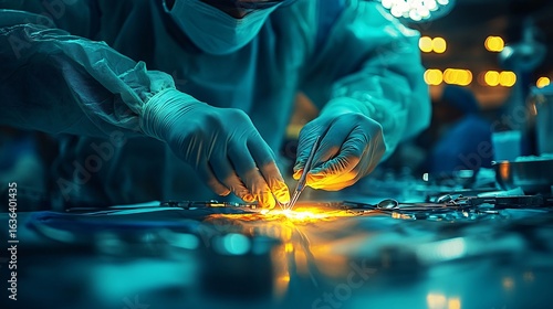 Wallpaper Mural Close Up Of Gloved Hands Performing Precision Medical Repair Under Intense Light For Surgical Procedure With Tools and Equipment At High Precision and Concentrated Work With Care and Attention to Torontodigital.ca